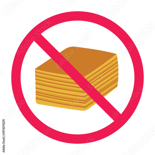 Forbidden sign with thousand layer cake icon, no sweet desserts sign, sugary cake prohibited symbol, high fat food warning, no rich pastry