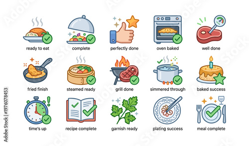 Cooking completion icons: ready, complete, done, success, finished