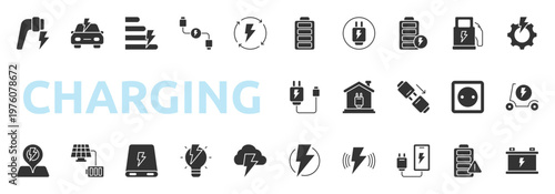 Charging And Power icon set glyph style with file, wifi, laptop, window, folder check, upload, link, database network icons
