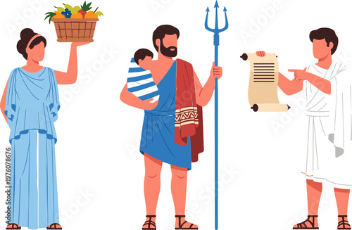 Ancient Greek Mythology Characters Set with Woman Carrying Basket, Poseidon Holding Trident, and Messenger Reading Scroll Illustration Vector Design