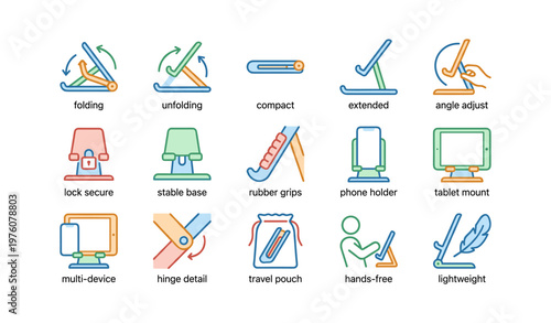 Adjustable tablet and phone stand features symbols for versatile use