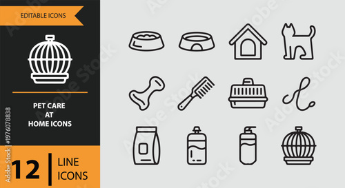 12 Pet Care at Home Icons outlne icon set. pet supplies animal care home essentials outline icons