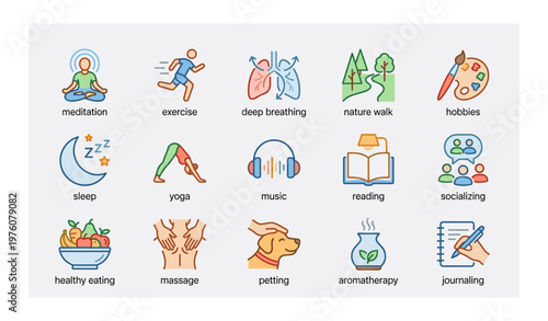 Wellness activities icons collection including meditation, exercise, yoga, music, journaling and more