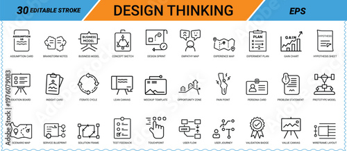 30 editable stroke icons for design thinking and strategy innovation planning icon set