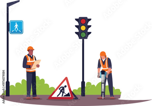 Construction workers at road intersection vector illustration.
