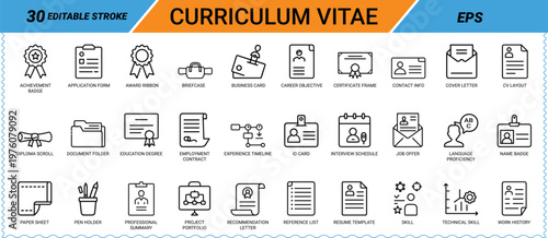30 editable stroke icons for curriculum vitae and job application resume career icon set