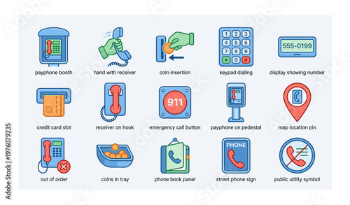 Collection of payphone icons including booths, handsets, and emergency call buttons