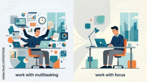 Multitasking vs Focused Work Concept Illustration for Productivity and Time Management
