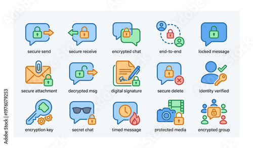 Secure communication icons featuring encryption and verification elements