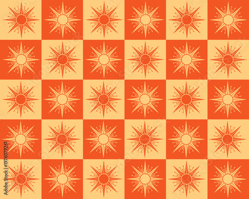 Schilderij op canvas Vibrant orange and yellow star pattern on checkerboard background