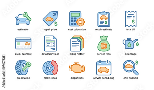 Automotive service icons: estimation, repair, diagnostics, maintenance, billing