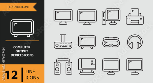 12 Computer Output Devices Icons outlne icon set. display printing output technology devices outline icons