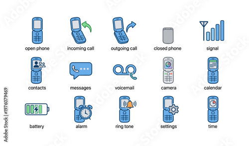 Flip phone icons: incoming, outgoing calls, messages, camera, settings, alarm, calendar