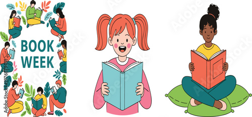 Book Week Celebration Illustration Featuring Diverse Children Reading Books, Educating and Promoting Literacy for Young Learners