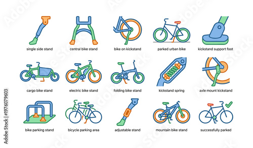 Various bicycle stands and bikes: types and features illustrated