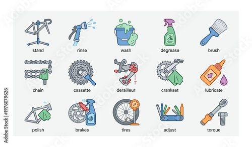 Bicycle maintenance icons: tools and cleaning essentials for bike care