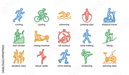Colorful icon set of various fitness activities depicting different exercise forms