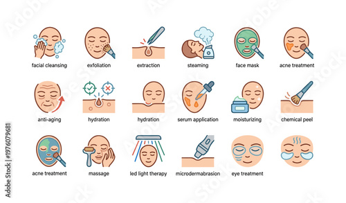 Skincare treatments and facial procedures icons set with diverse techniques
