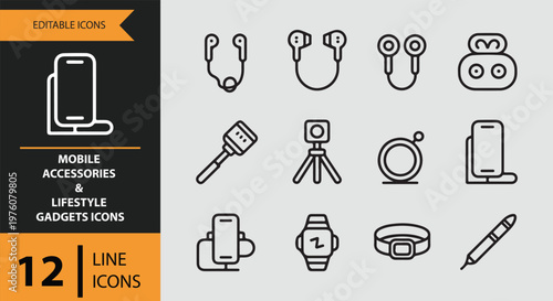 12 Mobile Accessories and Lifestyle Gadgets Icons outlne icon set. smart gadgets daily mobile accessories outline icons