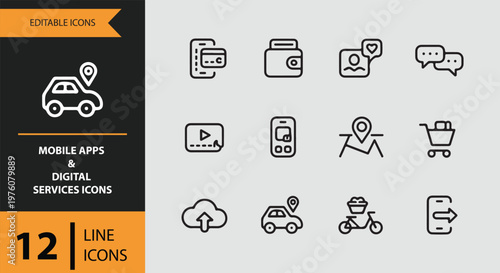 12 Mobile Apps and Digital Services Icons outlne icon set. mobile software interface digital platform outline icons