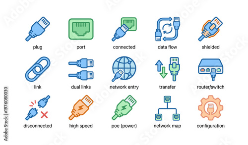 Network icons: ports, connections, link types, data flow, configuration