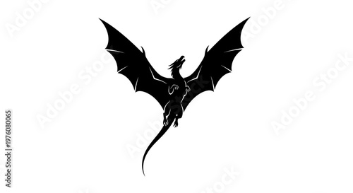 Black Dragon Silhouette Flying Isolated on White Background, Mythical Creature, Fantasy Art