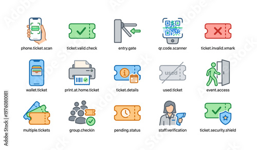 Digital ticketing system icons for event access and verification