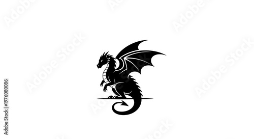 Black Dragon Silhouette on White Background, Mythical Creature, Fantasy Art