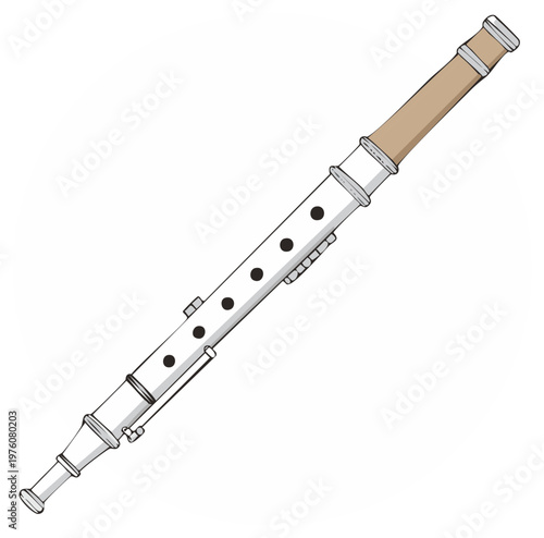 Illustration of a traditional wooden and metal flute with finger holes and keys