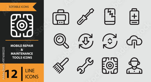 12 Mobile Repair and Maintenance Tools Icons outlne icon set. device repair toolkit mobile service tools outline icons