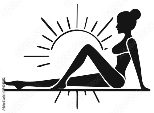 Silhouette illustration of a woman sunbathing in a bikini enjoying summer sunshine and relaxation