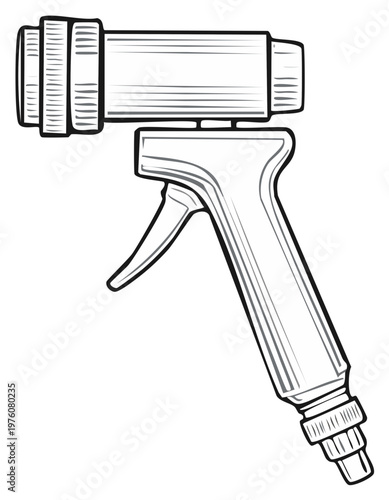 Detailed line art illustration of a pistol grip garden hose spray nozzle