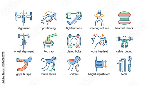 Bicycle maintenance icons: alignment, positioning, headset check, brake levers, tools