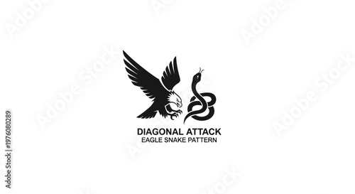 Eagle attacking coiled snake silhouette, abstract diagonal dynamic motion graphic