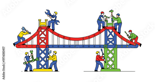 Diverse workers constructing bridge together showing teamwork and collaboration in building infrastructure for development and progress