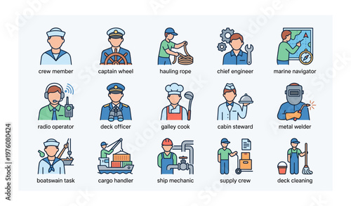 Illustrated maritime crew roles and responsibilities icons