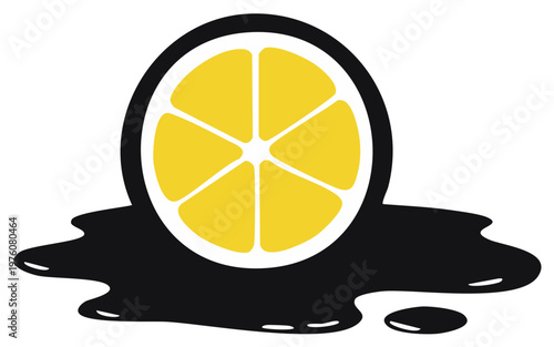 Stylized Lemon Slice Graphic with Dripping Black Liquid Creative Design Element, Minimalistic Icon, Food Logo