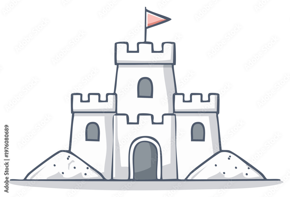 Fototapeta premium Cartoon sandcastle illustration with towers, arched entrance, and flag on top, set on the beach