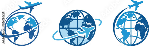 Travel agency logo with airplane and globe, modern flat design, minimal style, blue color theme, global tourism concept, vector isolated on white background.eps