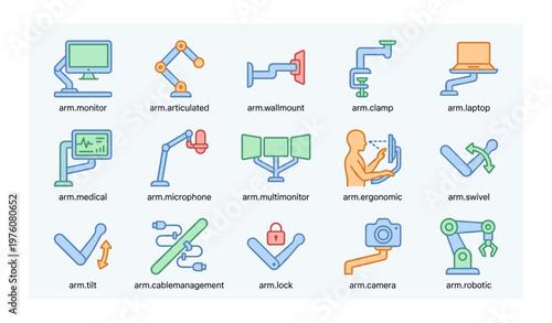 Various robotic arms with different functions displayed in grid format