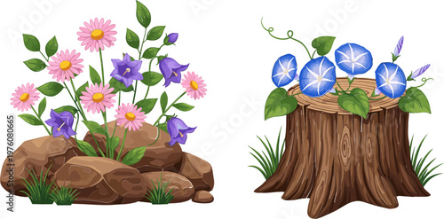 Flowering Plants and Vines Vector Set Featuring Pink Daisies, Purple Blooms, and Morning Glories for Garden, Nature, and Outdoor Designs