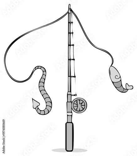 Hand drawn grayscale fishing rod with earthworm and shrimp bait on two hooks