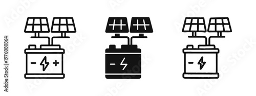 Solar panel with battery storage icon set, representing renewable energy systems in various styles.
