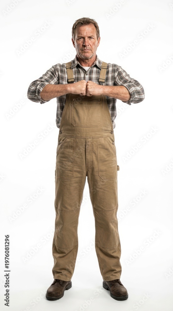 Naklejka premium Man in overalls, posing confidently with a serious expression.