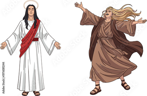 Jesus Christ and Biblical Prophet Characters in Traditional Robes with Spiritual Gestures Illustration, Religious Christianity Concept, Sacred Scripture Figure Vector Design