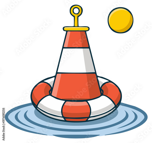 Cartoon navigation buoy with a life ring floating on the water vector illustration