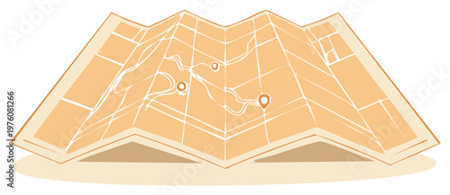 Open folded map with road routes and location pin markers, representing travel planning and direction finding