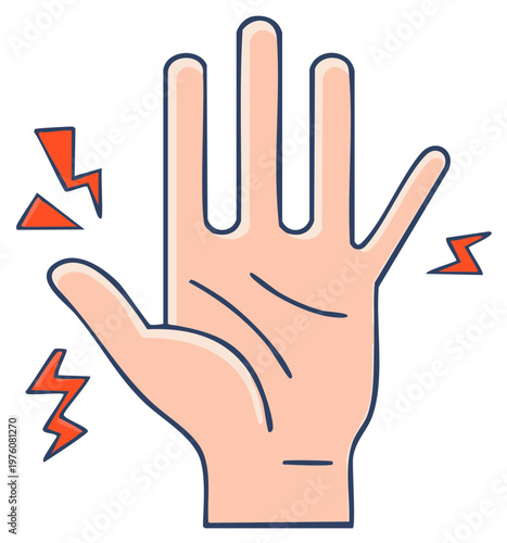 Hand experiencing pain with electric shocks, hand pain, medical condition symbol, health problem concept, health illustration