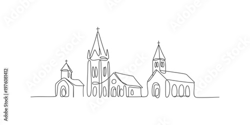 Continuous line drawing of various church buildings with steeples and crosses steeple cross architecture religion