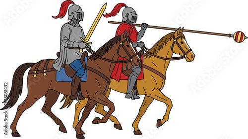 Medieval Knights on Horseback with Armor, Sword and Lance Illustration, Historical Warriors Riding Horses, Chivalry and Battle Concept Vector Design